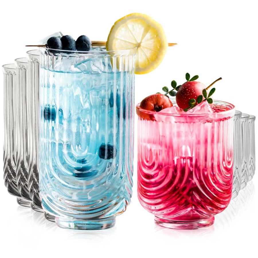 Highball Glass Set - アールデコ調カクテルグラス、リブ付きドリンクグラス8個セット、14オンスハイボールグラスと12オンスカクテルグラスセット、キッチン用品