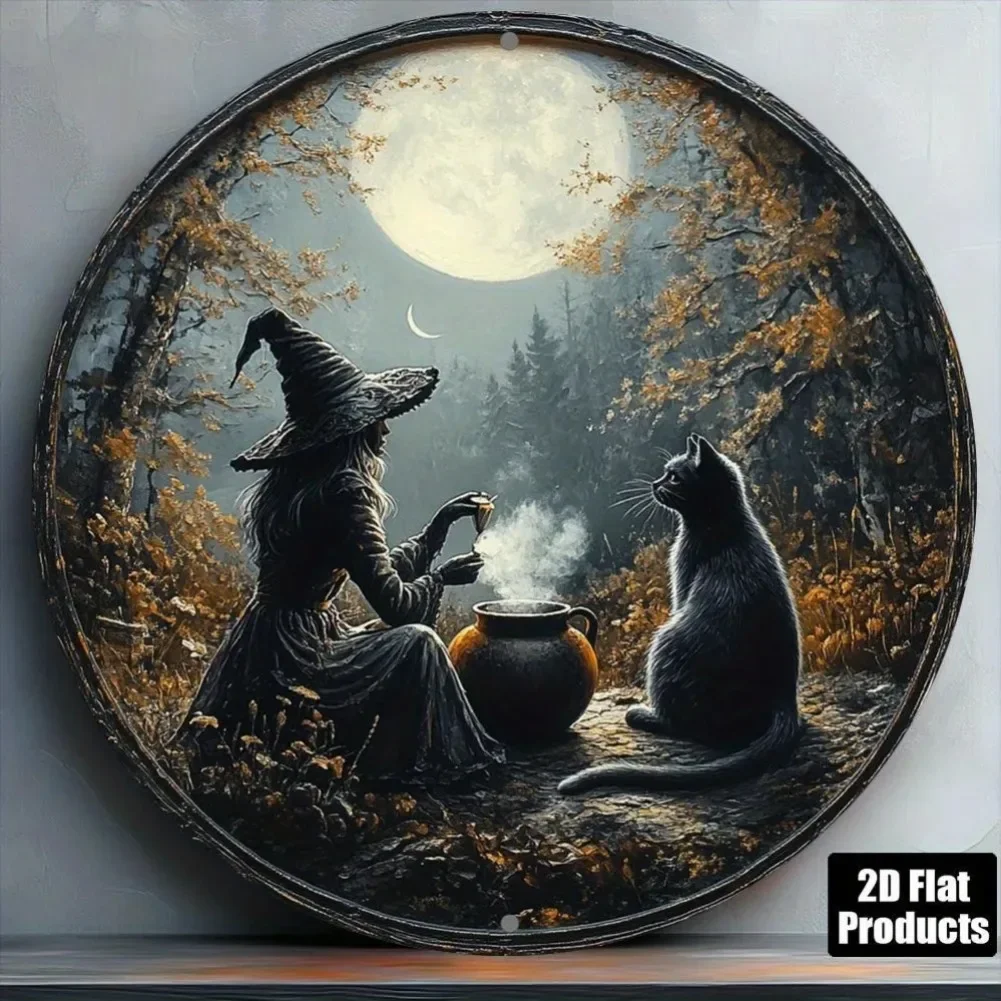 Home Bar And Kitchen - レトロなハロウィーンの壁飾り 1 個 - 魅惑的な魔法の森の魔女と黒猫のデザイン、家庭、バー、キッチン、コーヒーショップ用