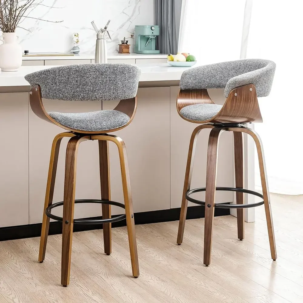Home Bar Stools - ホームバー家具用のグレーの布製回転バースツール2個セット、ウォールナット材を使用