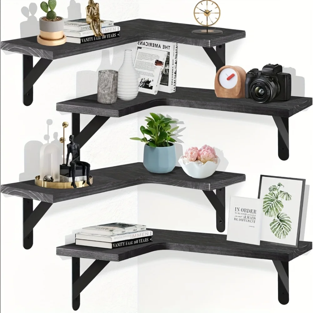 Home Bar Shelf - 天然木目調フローティングシェルフ 壁掛けコーナー収納 モダンな家の装飾 キッチンオーガナイザー