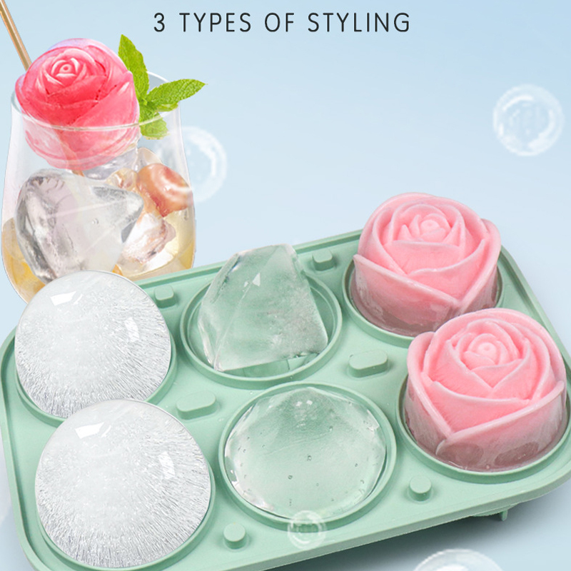 Ice Mold Sphere - 3D ローズダイヤモンドラウンドアイスキューブ金型 4/6 グリッドアイスキューブトレイ花の形のシリコーン製氷機キッチンバー器具ツールアクセサリー