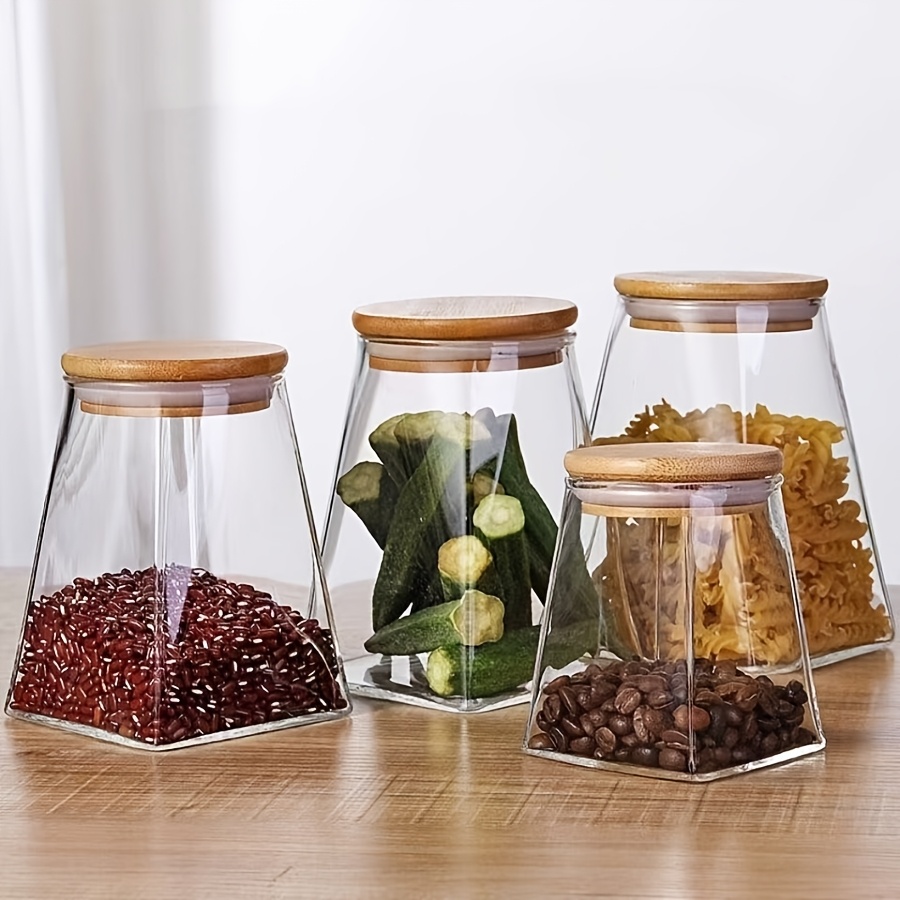 Highball Glass Set - 4 個のガラス保存瓶セット高ホウケイ酸ガラスキャニスター食品用透明容器木製蓋付きキッチンオーガナイザー