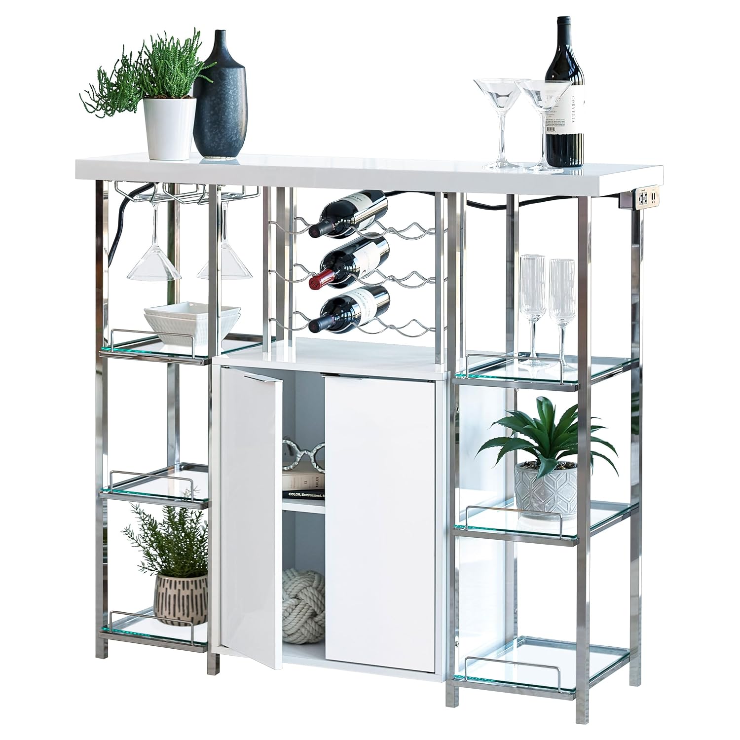 Home Bar And Cabinet - 家庭用家具 木製＆金属製 2ドアバーキャビネット ボトルラック、ステムウェアラック付き、カスタマイズ可能