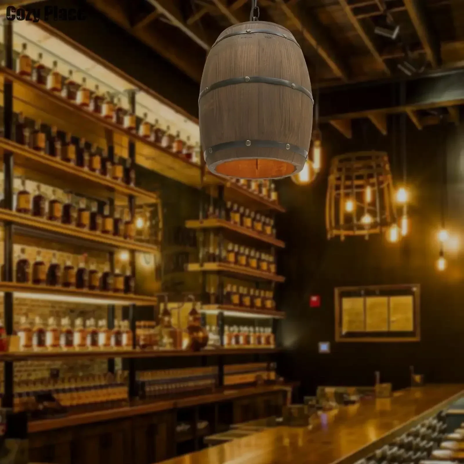 Home Bar Cafe - 素朴なランプヴィンテージシャンデリア木製ペンダントライトワイン樽吊り下げランプ家の装飾リビングルームバーカフェ照明E26