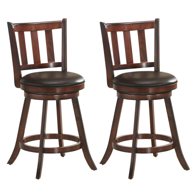 Home Bar Stools - セット2 レザー張りの回転式バースツール、無垢材、25インチカウンター高さ、パブチェア
