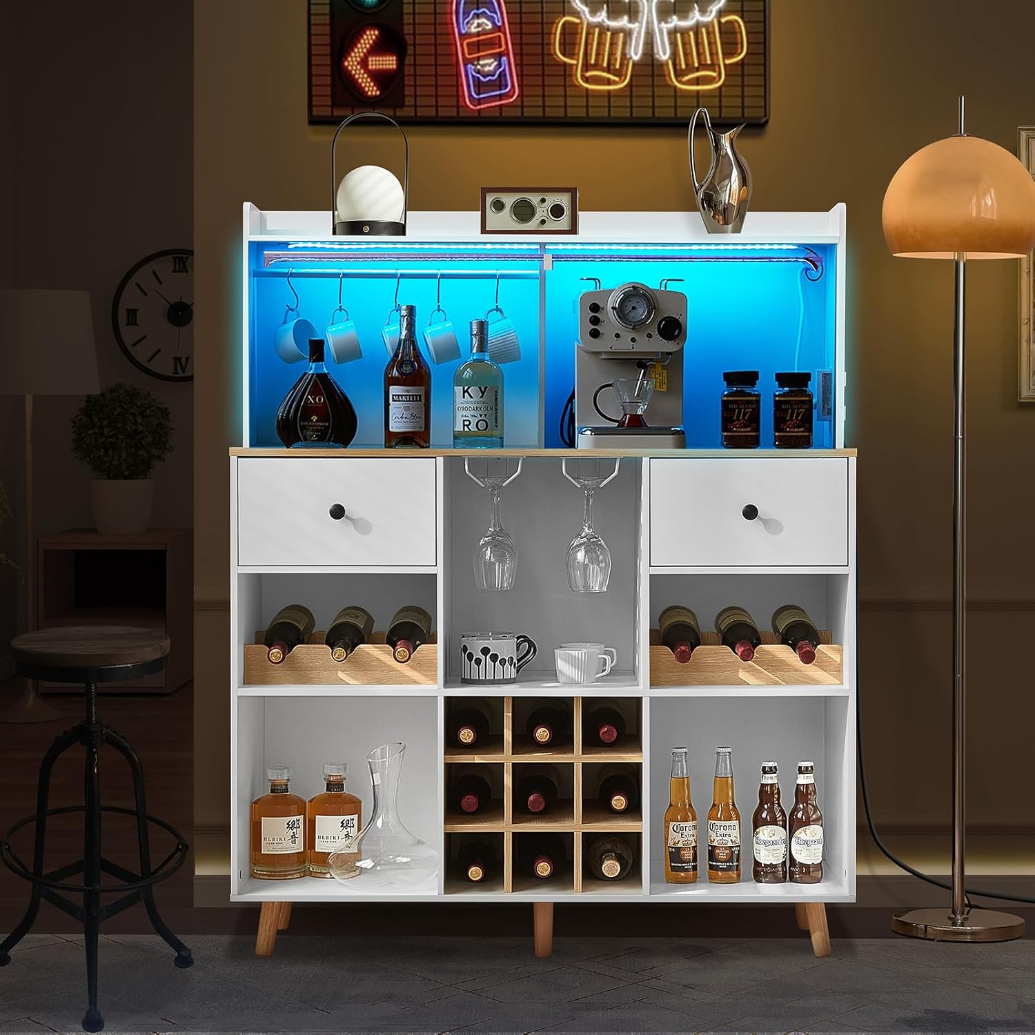 Home Bar And Cabinet - 電源コンセントとLEDライト付きワインバーキャビネット、引き出しと取り外し可能な棚付きバーストレージキャビネット、カスタマイズ可能