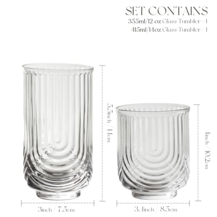 アールデコ調カクテルグラス、リブ付きドリンクグラス8個セット - Highball Glass Set のレビューと価格