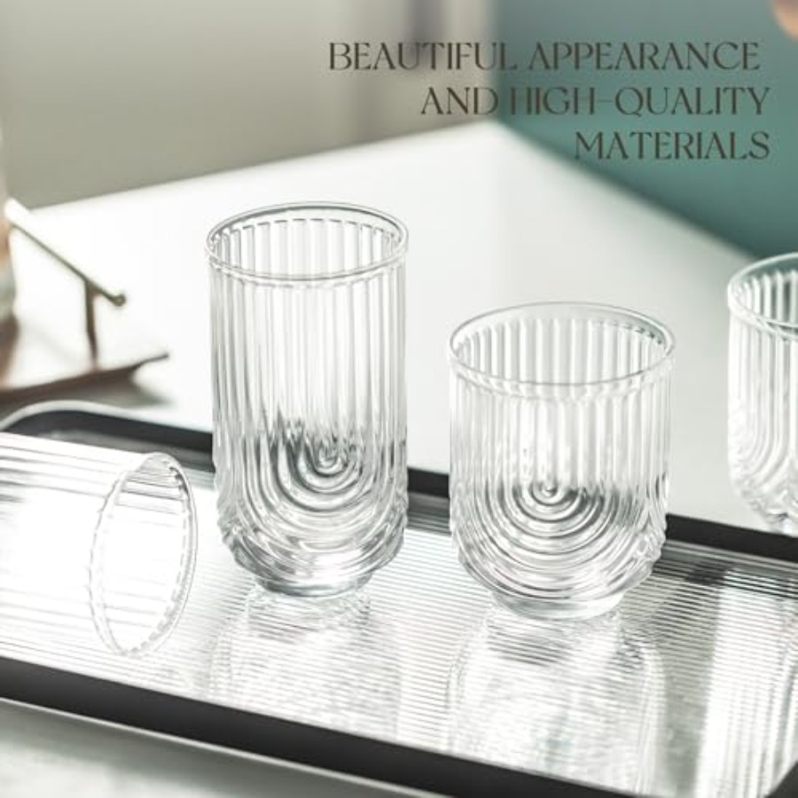アールデコ調カクテルグラス、リブ付きドリンクグラス8個セット - Highball Glass Set のレビューと価格