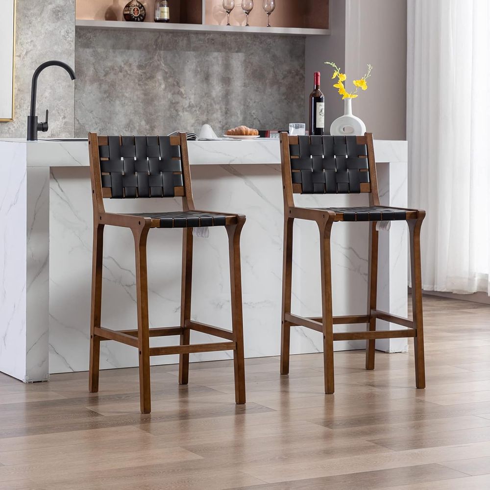 木製バースツール2脚セット、ブラックレザーストラップシート、 - Home Bar Stools のレビューと価格