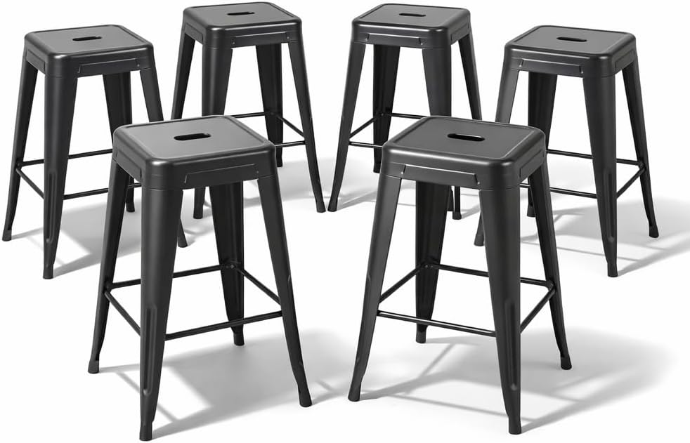 ミッドナイトブラックメタルカウンターハイトスツール6脚セット - Home Bar Seating のレビューと価格