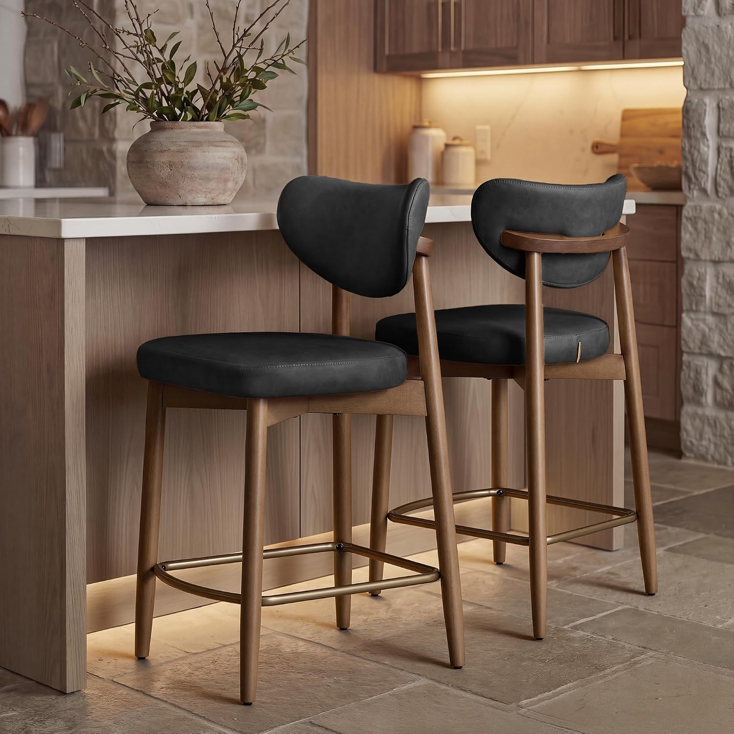 ミッドセンチュリーモダン木製バースツール2個セット合成皮革人 - Home Bar Seating のレビューと価格