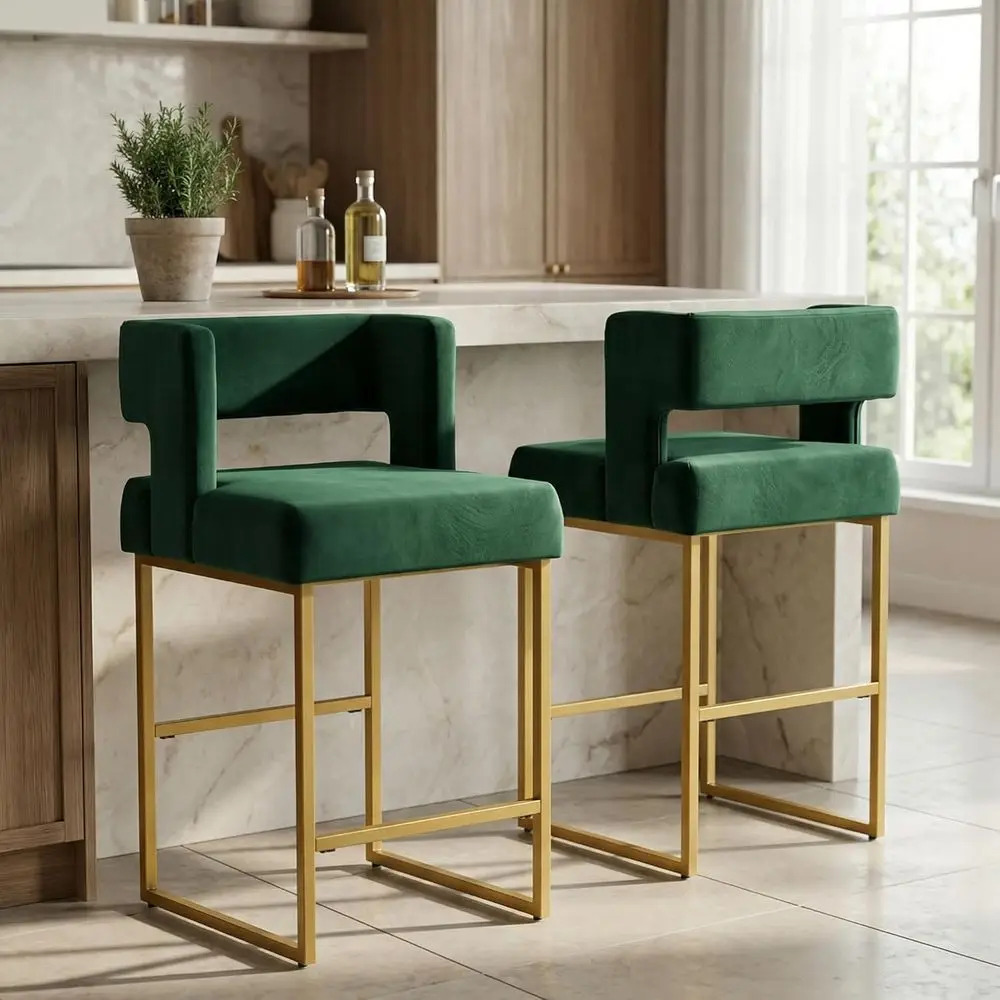 グリーンベルベットのバースツール2脚セット、ゴールドメタルの - Home Bar And Counter のレビューと価格
